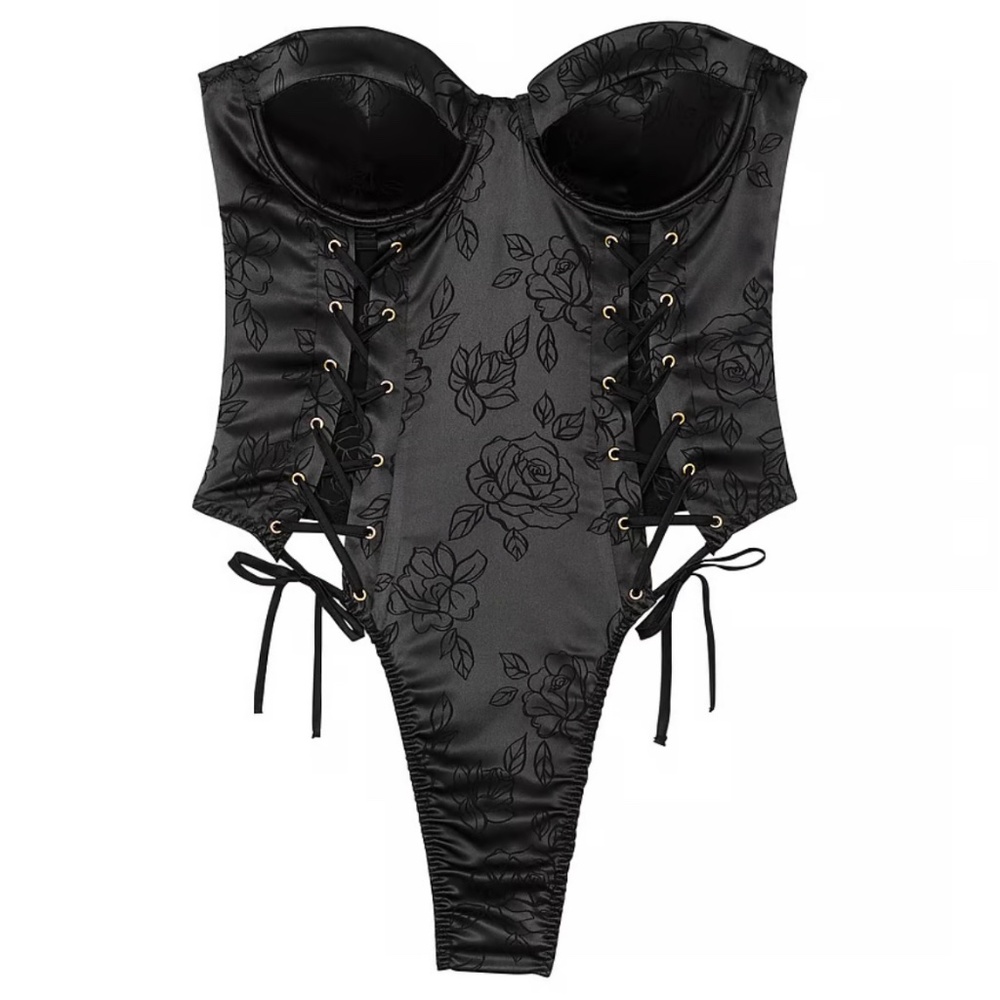 Victorias Secret Luxe Satin Jacquard Strapless Lace Up Thong Teddy -L- NWT